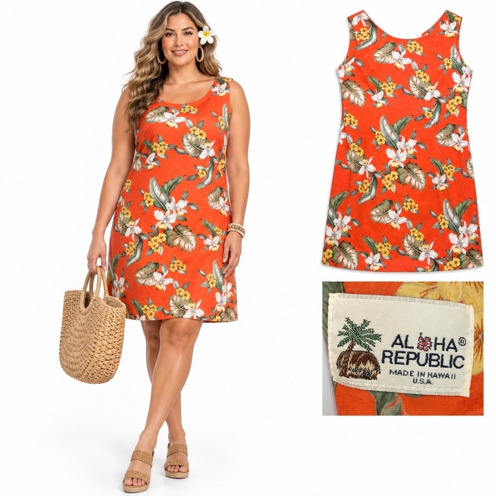 VTG 70s 60s Retro Hawaiian Tropical Orange Floral Cotton Shift Dress Size XL
